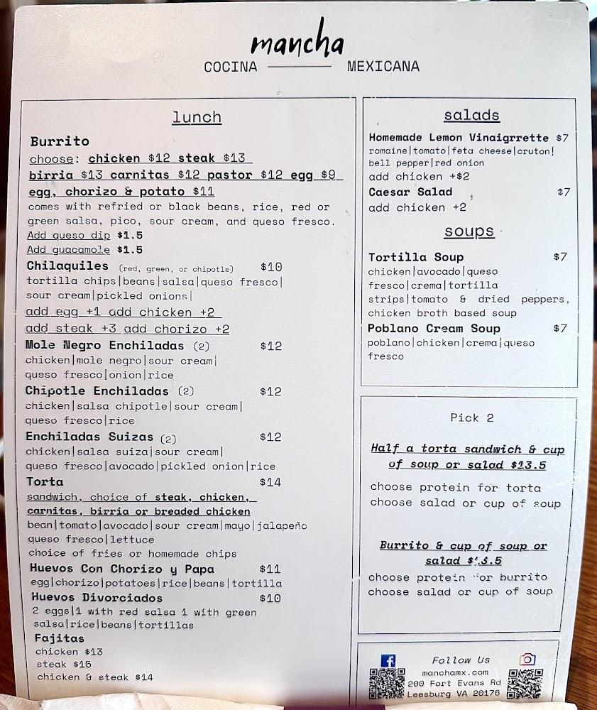 Mancha Cocina Mexicana Menu